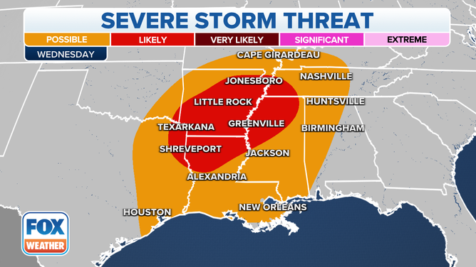 The severe weather threat on Wednesday, Feb. 22, 2023.