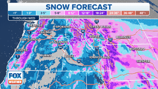 The snow forecast through Wednesday in the West.