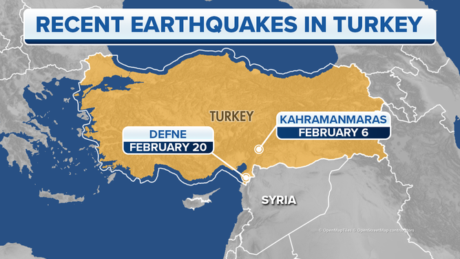 Map showing locations of recent earthquakes in Turkey.