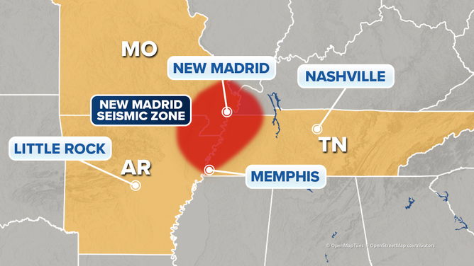 Map showing the New Madrid seismic zone alone the Mississippi River.