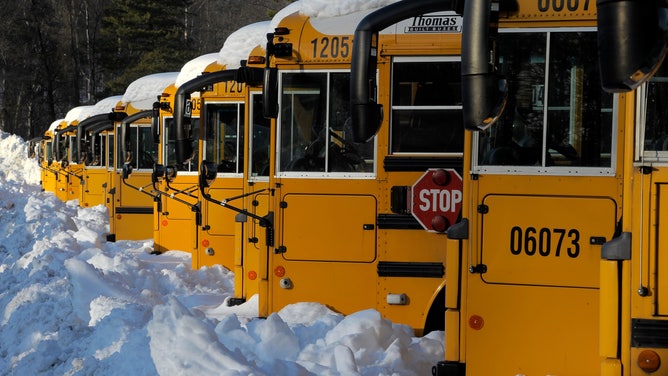 School buses in the snow.