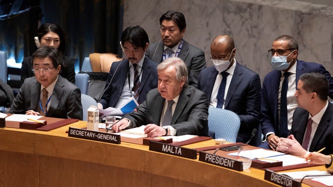 UN Secretary General Antonio Guterres speaks at a Security Council debate on "Sea-level Rise: Implications for International Peace and Security" at the UN headquarters in New York, on Feb. 14, 2023.