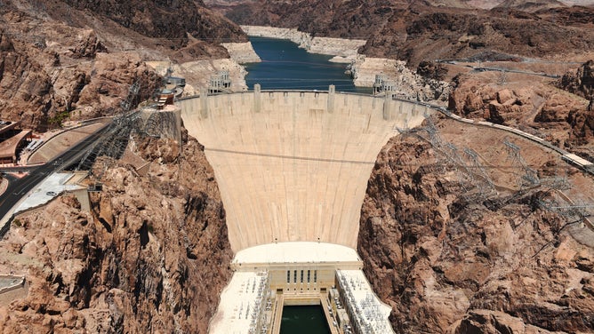 Wide shot of the Hoover Dam. 