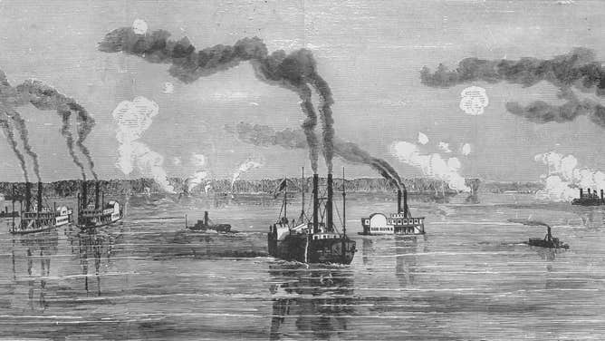 Gunboats on the Mississippi River near New Madrid, Missouri in 1862.