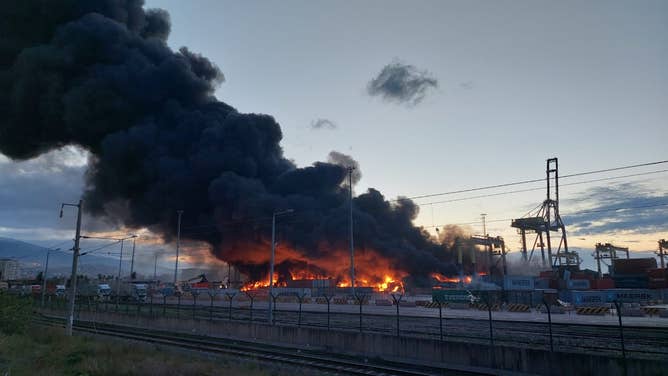 HATAY, TURKIYE- FEBRUARY 7: A fire burns in the Iskenderun port in Hatay after the earthquake in Maraş on February 7, 2023 in Hatay, Türkiye. (Photo by Eren Aka / dia images via Getty Images)