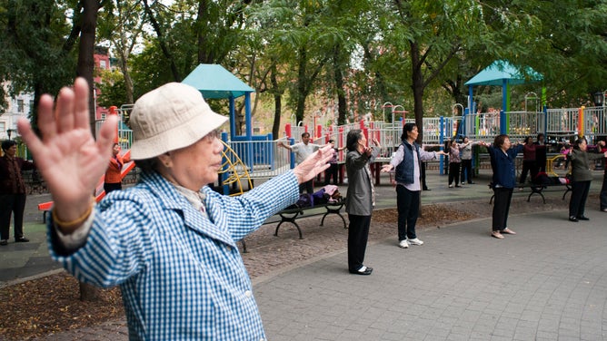 Elders practic Tai Chi in Seward Park in New York City.