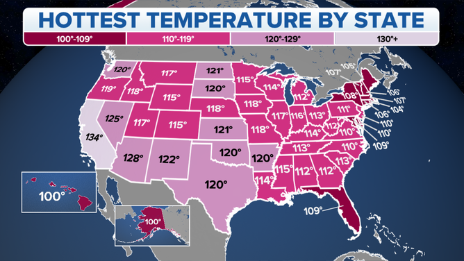 Hottest temperature in each state.