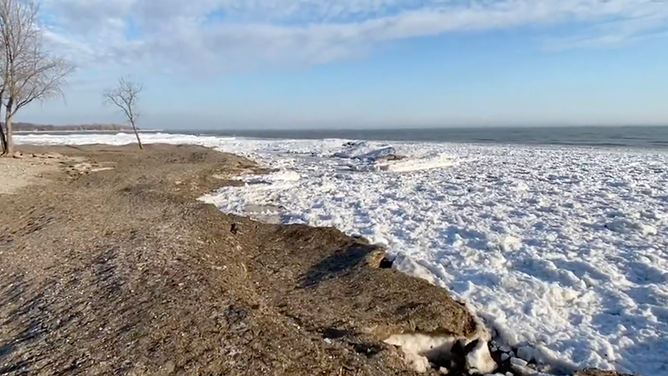 At Crystal Beach in Ontario, Canada, a sandy beach meets ice floating in Lake Erie. February 13, 2023.