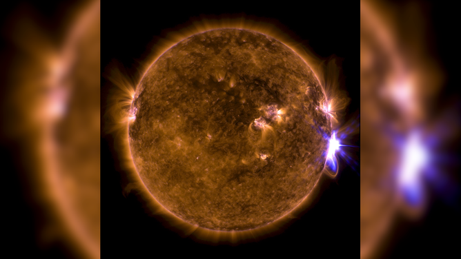 NASA's Solar Dynamics Observatory captured this image of a solar flare – as seen in the bright flash on the right side – on Sept. 10, 2017. 