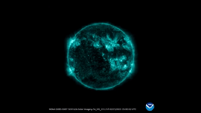 A solar flare that exploded on the Sun and led to a solar storm here on Earth was captured by the GOES-East weather satellite.