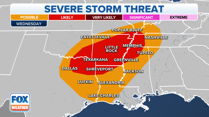 The severe weather threat on Wednesday, Feb. 15, 2023.