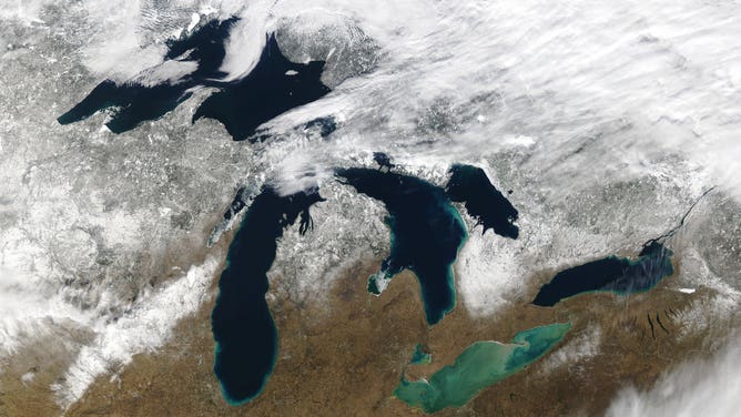 Satellite imagery of the Great Lakes taken on Feb. 12, 2023.