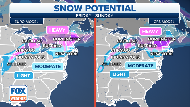 A computer model comparison for potential snow this week.