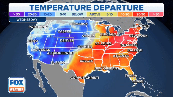 The eastern U.S. will enjoy above-average temperatures this week while cold air settles across the western U.S.