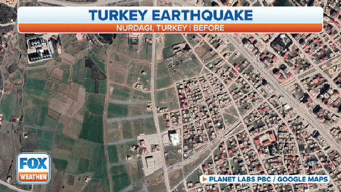 Satellite images show what the city of Nurdagi, Turkey, looked like before and after a series of devastating earthquakes.