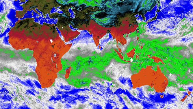 The Indian Ocean and western Pacific Ocean. This map, made using COWVR's new observations from the ISS, shows Earth's microwave emissions at a frequency that provides information on the strength of winds at the ocean surface, the amount of water in clouds, and the amount of water vapor in the atmosphere.