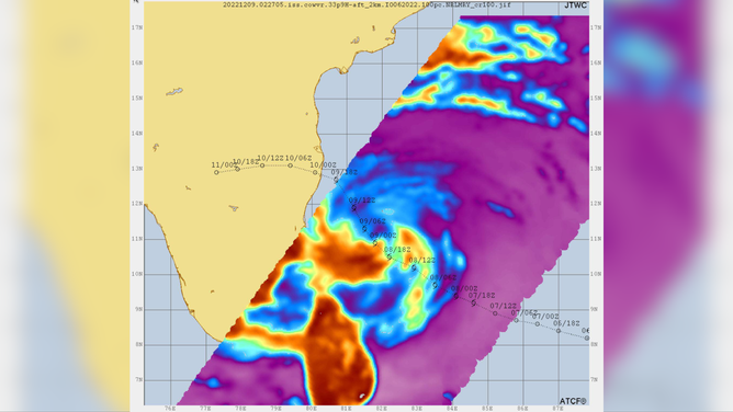 Data from the COWVR and TEMPEST instruments aboard the ISS was used to create this image of Tropical Cyclone Mandous, which forecasters used to understand the December 2022 storm's intensity and predict its path toward southern India.