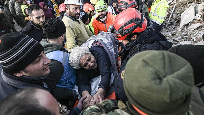 A woman rescued from rubble 108 hours after 7.7 and 7.6 magnitude earthquakes hit multiple provinces of Turkey including Antakya district of Hatay, Turkey, on Feb. 10, 2023.