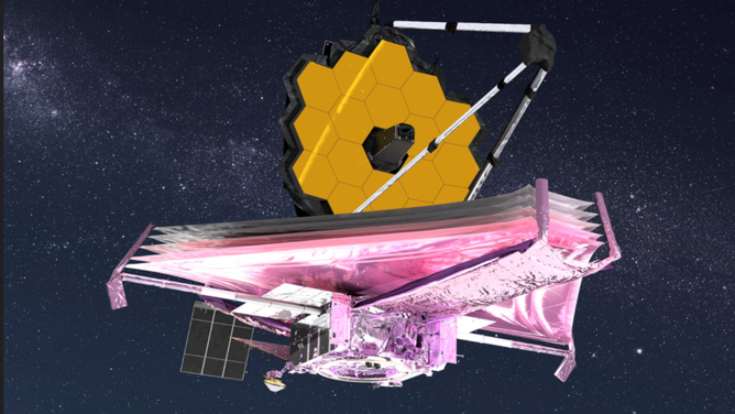 An artist’s conception of the James Webb Space Telescope in space shows all its major elements fully deployed.