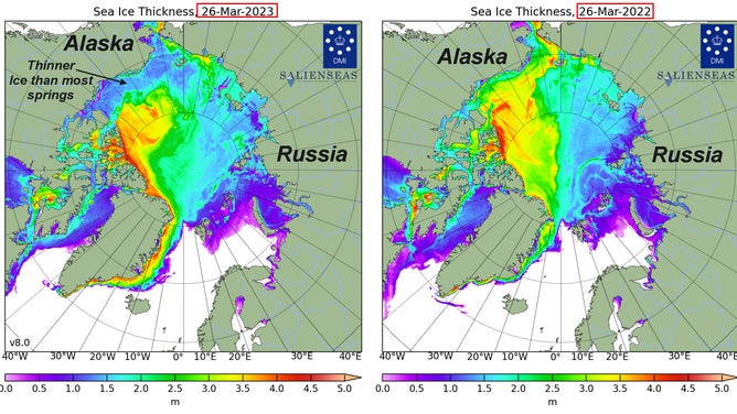 Modeled sea ice thickness comparing data from March 26, 2023 to data from March 26, 2022.