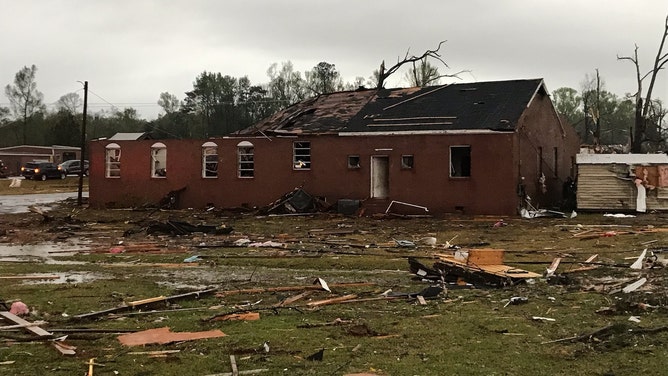 Possible tornado damage is seen in West Point, Georgia, on Sunday, March 26, 2023.