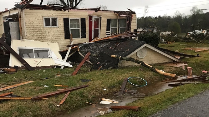 Possible tornado damage is seen in West Point, Georgia, on Sunday, March 26, 2023.