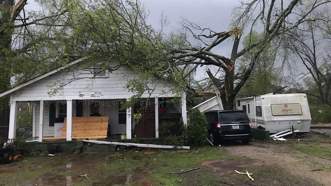 Possible tornado damage is seen in West Point, Georgia, on Sunday, March 26, 2023.