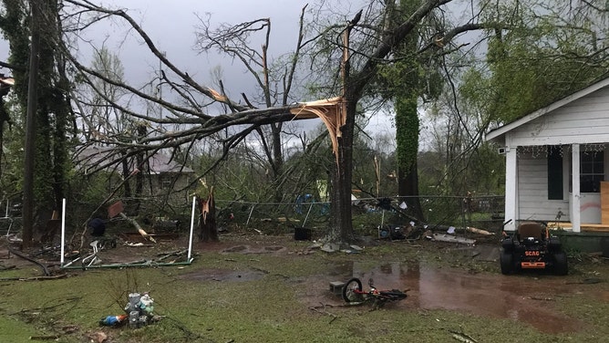 Possible tornado damage is seen in West Point, Georgia, on Sunday, March 26, 2023.