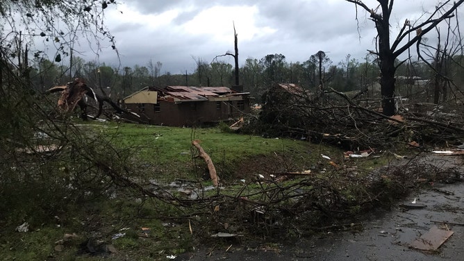 Possible tornado damage is seen in West Point, Georgia, on Sunday, March 26, 2023.
