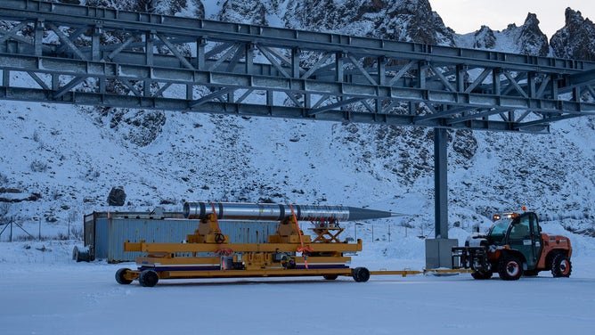 One of the rocket payloads is transported to the launch rail in Andenes, Norway.