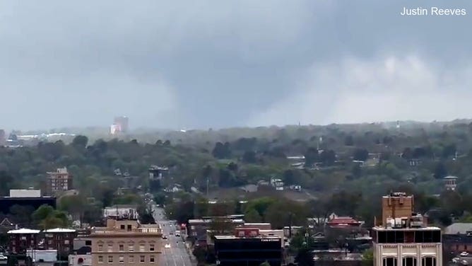 A large tornado is seen moving through western Little Rock, Arkansas, on March 31, 2023.