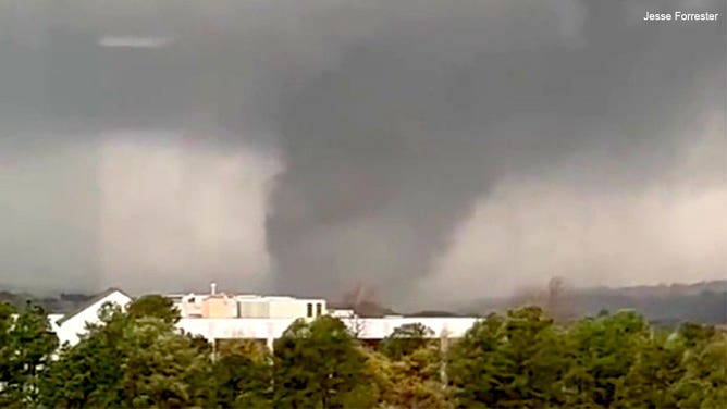 A large tornado is seen ripping through the Little Rock, Arkansas, area on March 31, 2023.