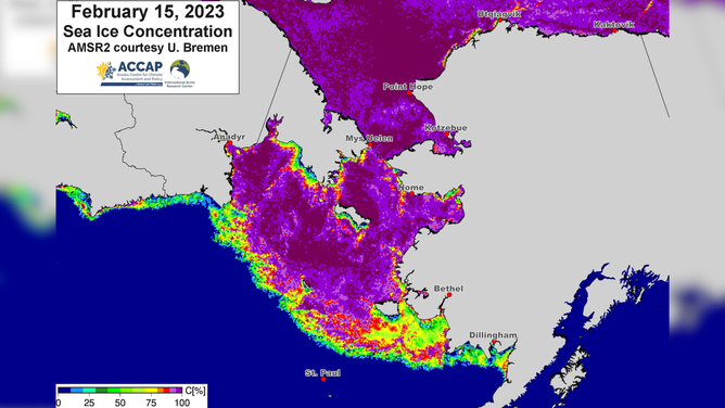 Sea ice concentration from on February 15, 2023 between Russia and Alaska.