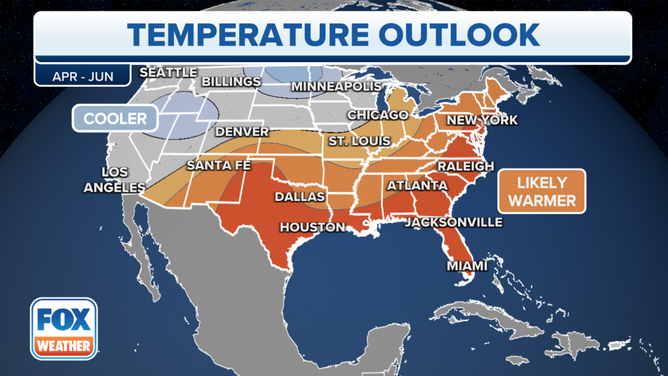 The Climate Prediction Center shows the temperature outlook in the U.S. during April, May and June.