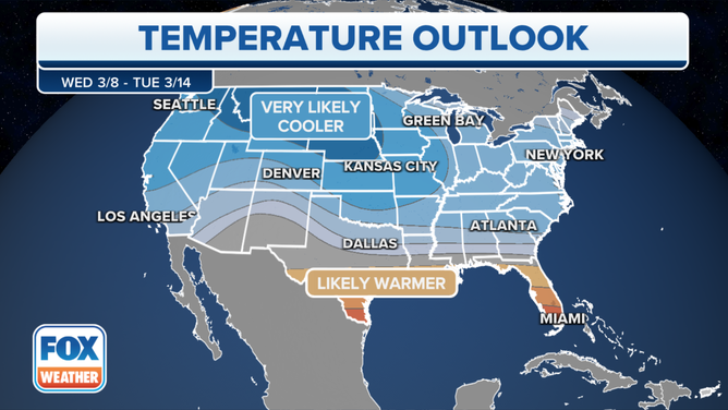 Temperature outlook valid from March 8-14 issued by NOAA's Climate Prediction Center.