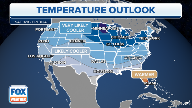 Temperature outlook valid from March 11-24 issued by NOAA's Climate Prediction Center.