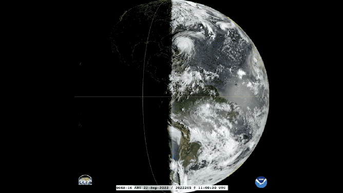 An animation comparing the sunlight angle on Sept. 22, 2022, Dec. 21, 2022, and March 20, 2023, as captured by NOAA and the GOES-16 satellite.