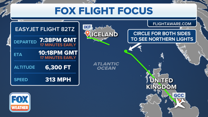 The green line indicates the flight path of easyJet flight 1806. Note the green circle, where pilot looped around to make sure all of the passengers were able to see the Northern Lights.