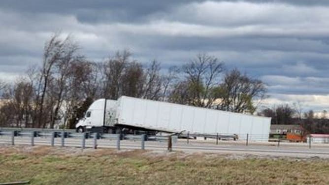 A semi has blown off the road around Exit 86 on I-24 in Christian County in Kentucky. March 3, 2023.