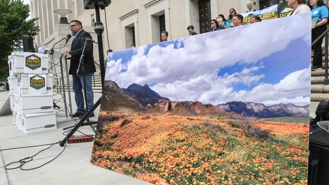 Pastor Moses Borjas of Por La Creación speaks as Castner Range activists deliver over 137,000 petitions calling on President Biden to designate Castner Range the next national monument at the Department of Interior on July 19, 2022 in Washington, D.C. 