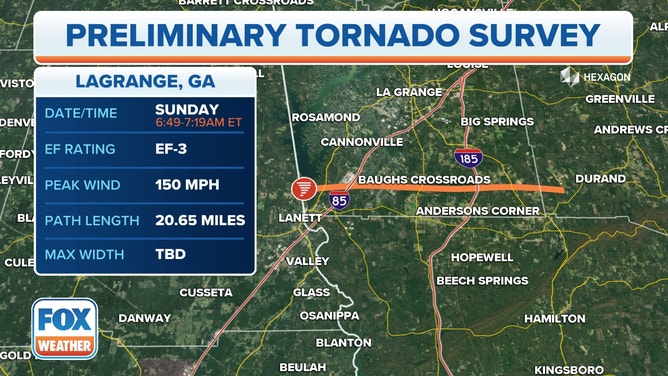 An EF-3 tornado struck near LaGrange, Georgia, on Sunday, March 26, 2023.
