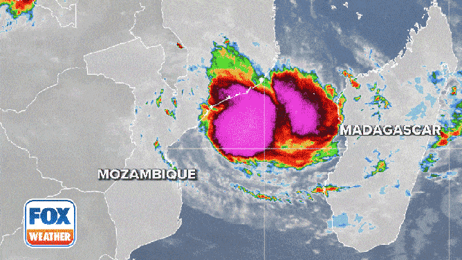 Infrared satellite loop of Cyclone Freddy near the Mozambique coastline on Friday, March 10, 2023.