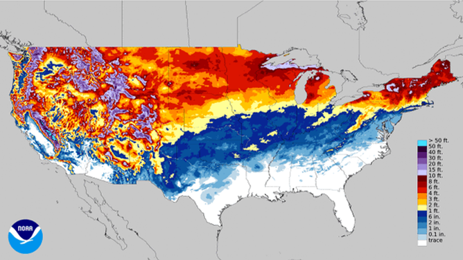 A map of winter seasonal snowfall between Sept. 30, 2022 and March 16, 2023.