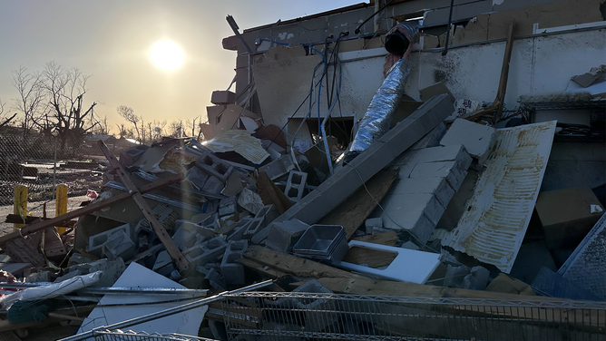 This image shows what's left of a building after a tornado in Rolling Fork, Mississippi, on Friday, March 24, 2023.
