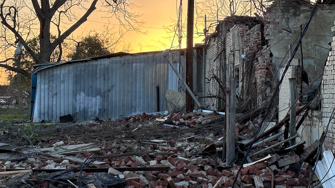 A pile of bricks is seen after a building was heavily damaged in a tornado in Rolling Fork, Mississippi, on March 24, 2023.