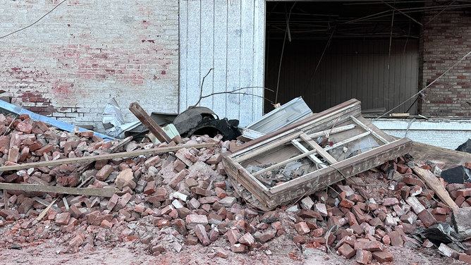 A pile of debris is seen after a deadly tornado in Rolling Fork, Mississippi.