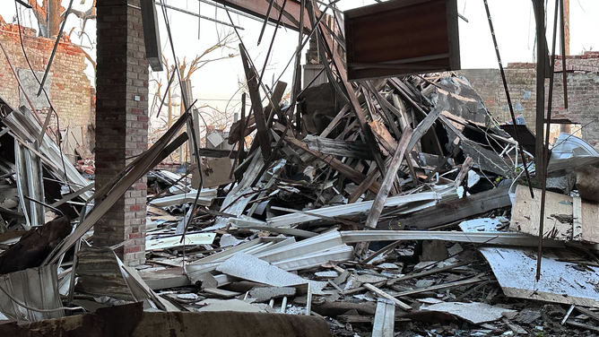 A structure is seen completely destroyed after a deadly tornado in Rolling Fork, Mississippi, on Friday, March 24, 2023.