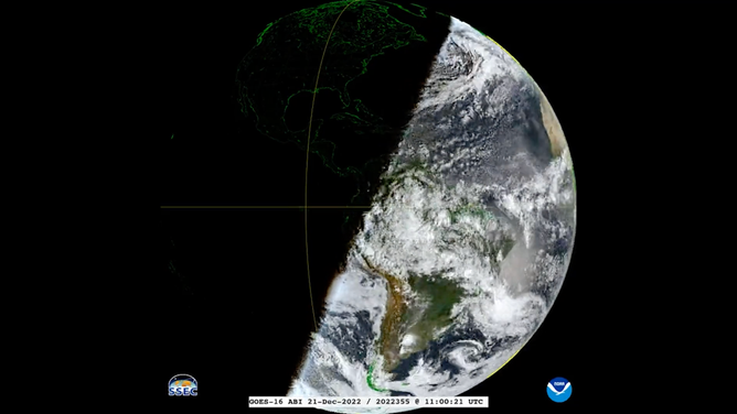 The sunlight angle on December 21, 2022, as captured by NOAA and the GOES16 satellite.
