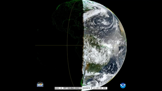 The sunlight angle on March 20, 2023, as captured by NOAA and the GOES16 satellite.