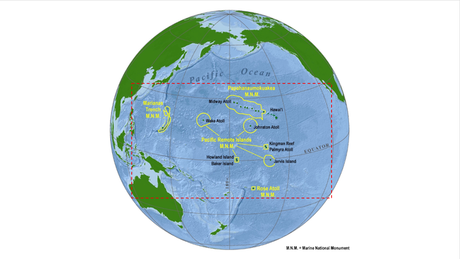 Map of the Pacific Remote Islands Marine National Monument (in yellow), which is currently under consideration to become a marine sanctuary.